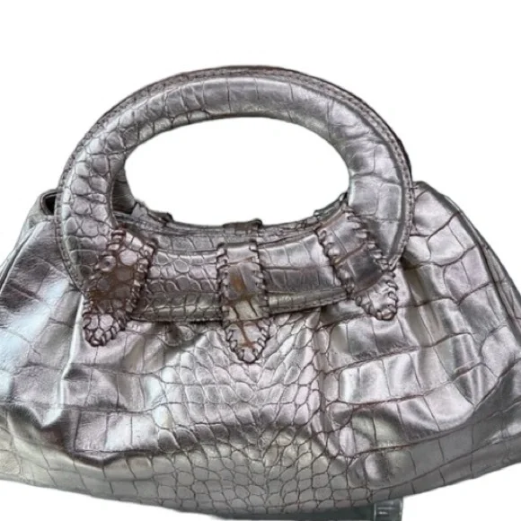 Donald J Pliner Printed Metallic Croco Purse Handbag Clutch Satchel Leather - Picture 12 of 12